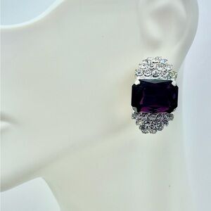 Vintage Deep Purple Amethyst Glass & Rhinestone Clip-On Statement Earrings